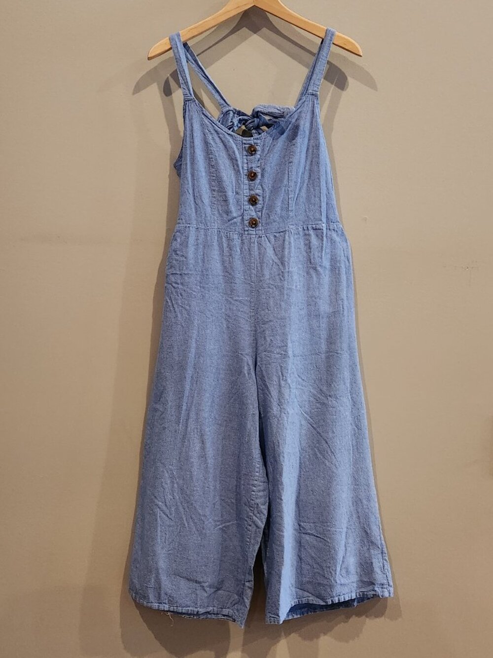 Love At First Sight Chambray Wide Leg Jumpsuit Womens XL Tie Back